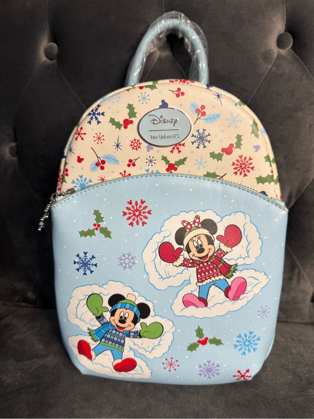 Disney Light Blue & Cream Mickey & Minnie Snowflake Backpack
